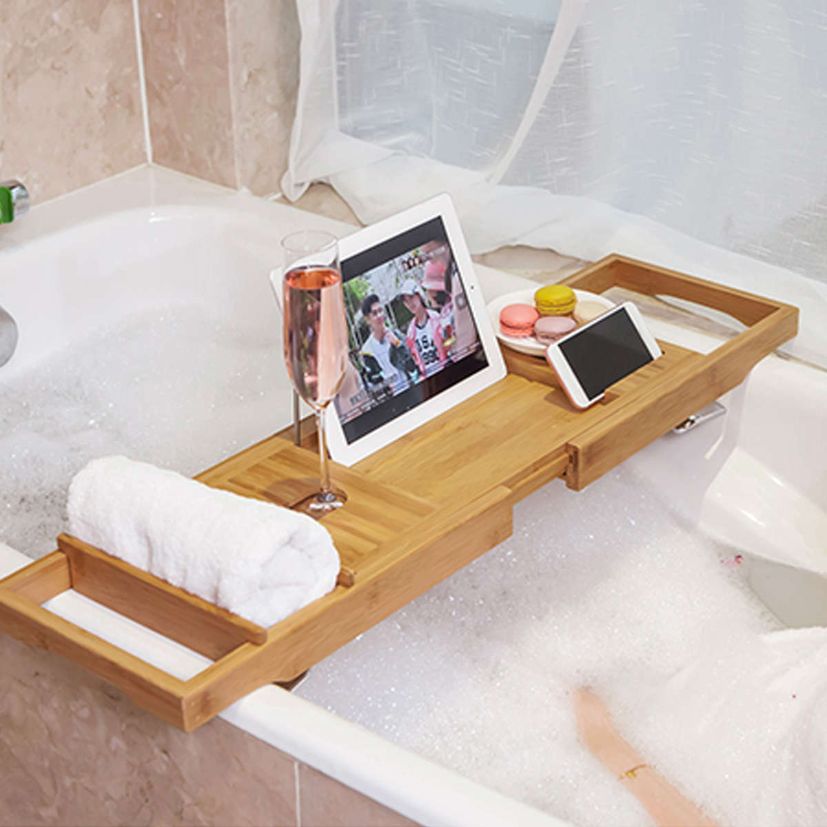 Honana BX-816 Expandable Bamboo Bath Caddy Wine Glass Holder Tray Over Bathtub Rack Support Storage