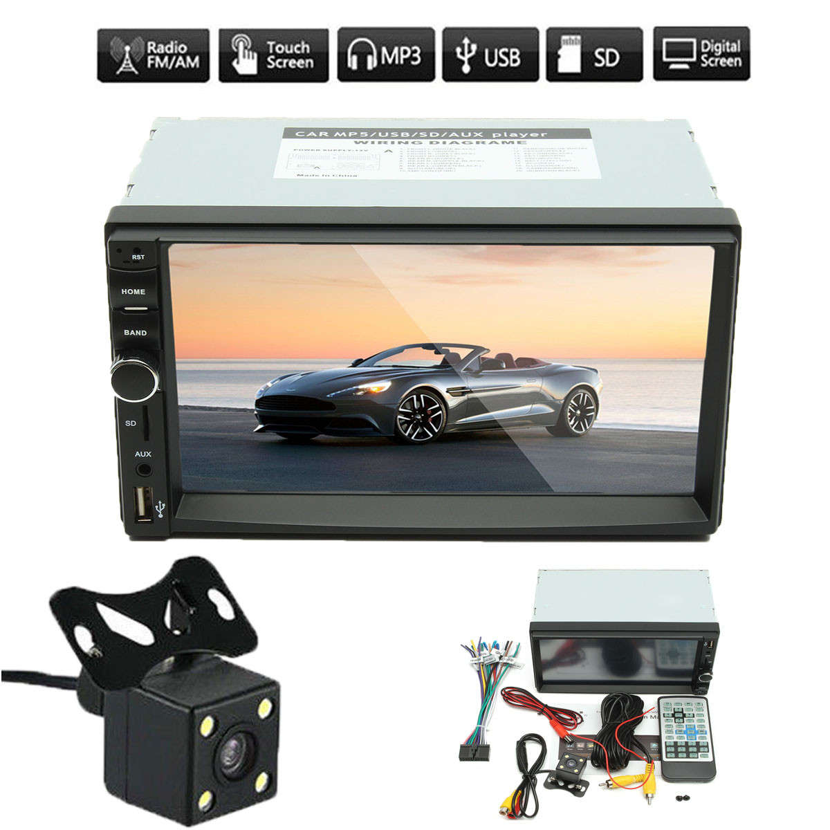 7 Inch Touch Screen 2 Din Car 1080P Radio Auto FM Aux/AUX/SD/MP5 Bluetooth And Camera