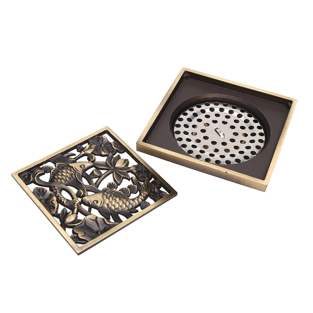 Antique Brass Bathroom Floor Drain Square Shower Waste Water Strainer Fishes Art