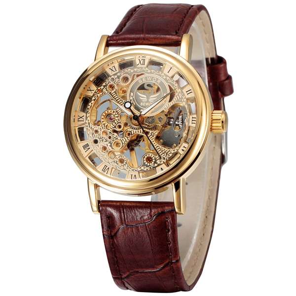 Gold Tone Skeleton Leather Mechanical Hand Wind Wrist Watch