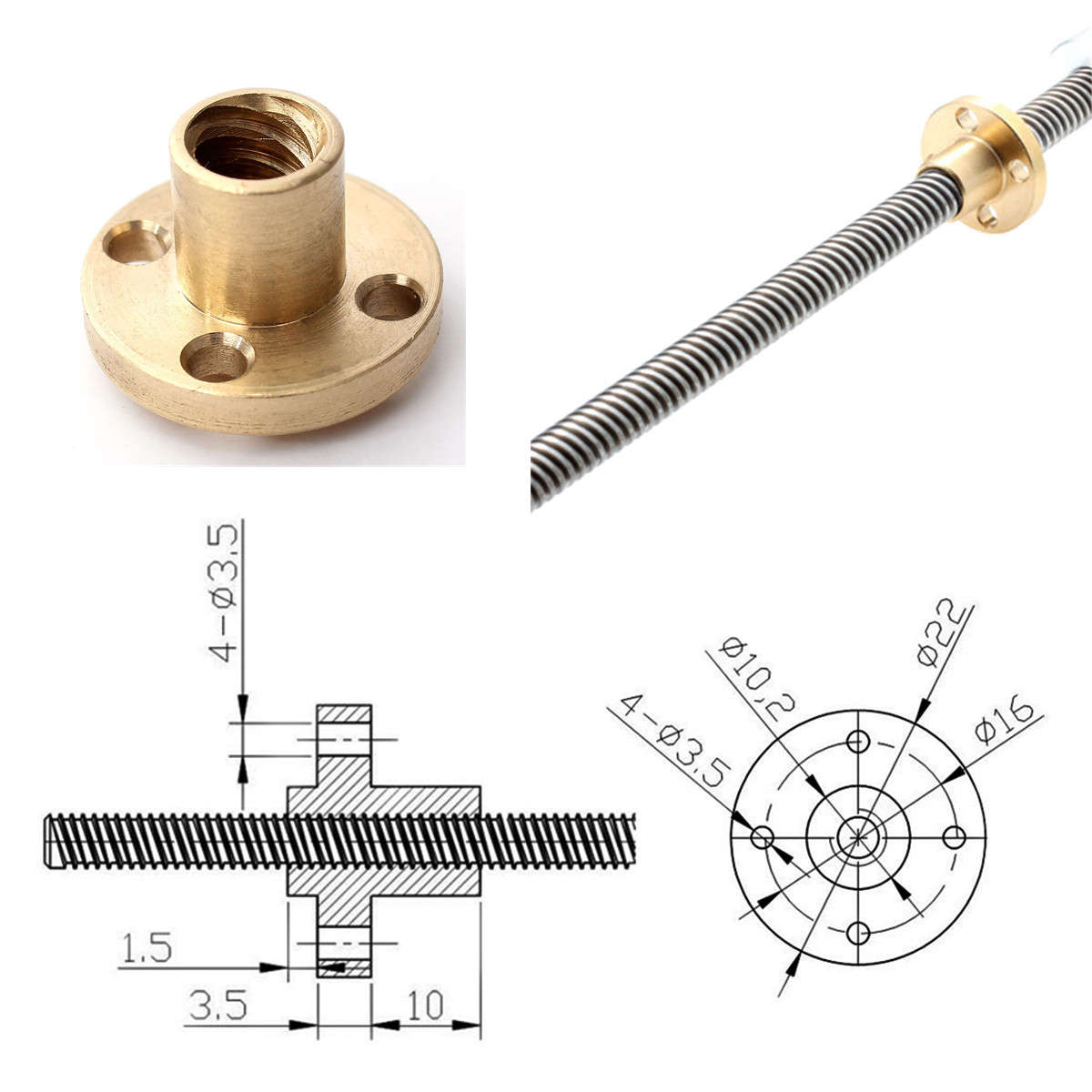 Brass Flange Nut For 3D Printer Z Axis 8mm Stainless Steel