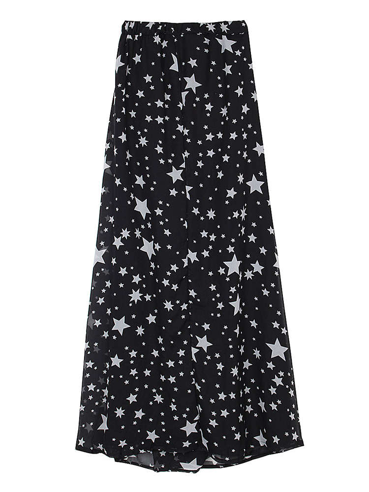 Sexy Star Printed High Waist Slit Women Maxi Chiffon Skirt - Black L, M, S, XS 0.26kg