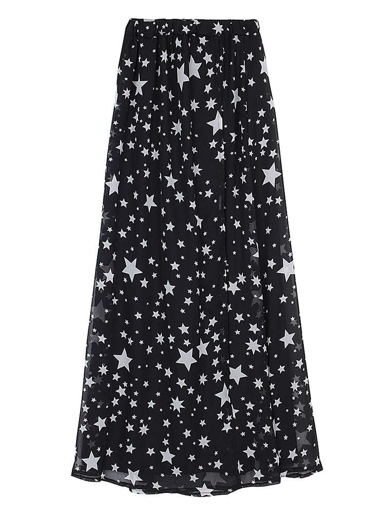 Sexy Star Printed High Waist Slit Women Maxi Chiffon Skirt - Black L, M, S, XS 0.26kg