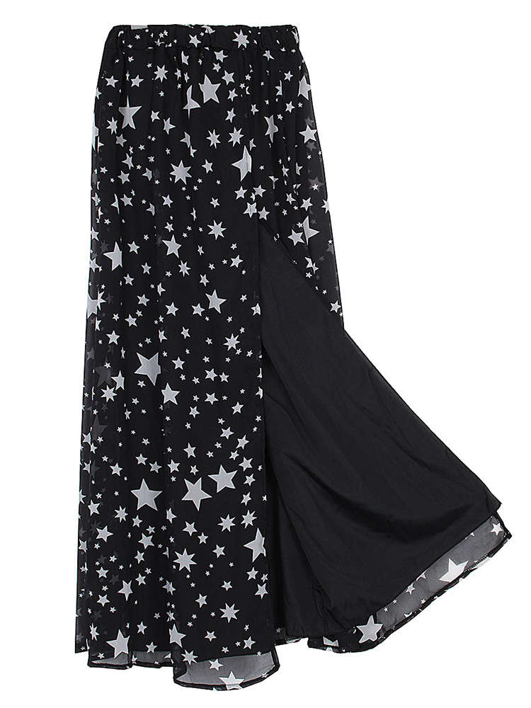 Sexy Star Printed High Waist Slit Women Maxi Chiffon Skirt - Black L, M, S, XS 0.26kg