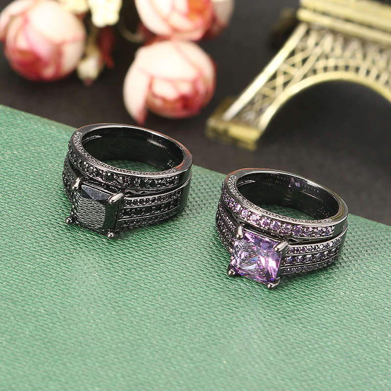 INALIS 2 Pcs Gun Black Plated Retro Zircon Full Rhinestone Ring Crystal Diamond Rings
