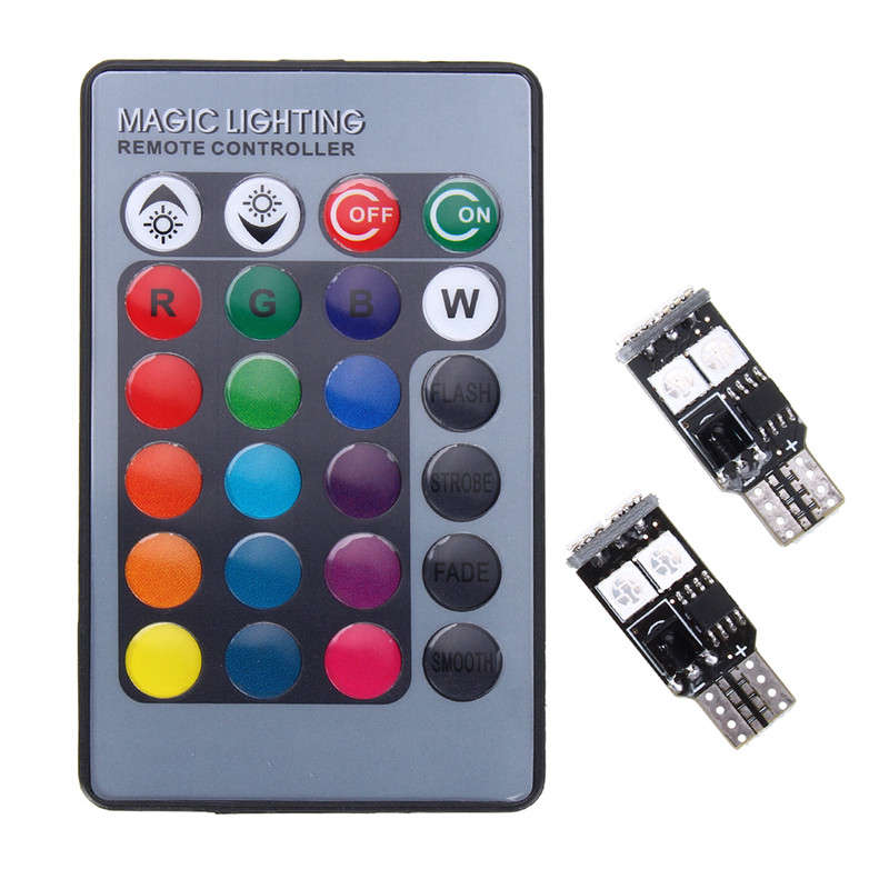 2X T10 6 SMD 5050 RGB LED Car Wedge Side Light Reading Lamp Bulb Remote Control