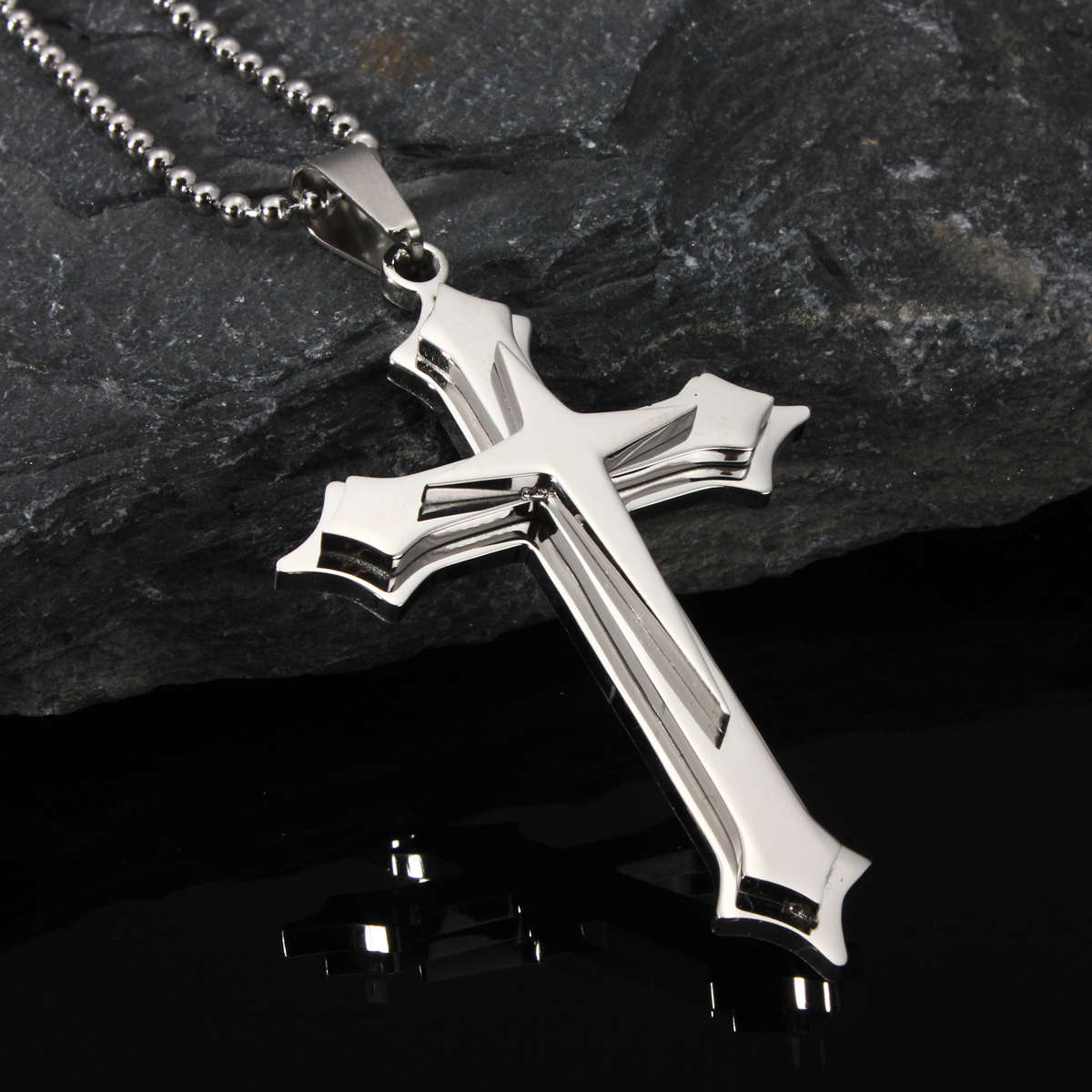 Starlike Cross Three Layers Pendant Stainless Steel Chain Necklace