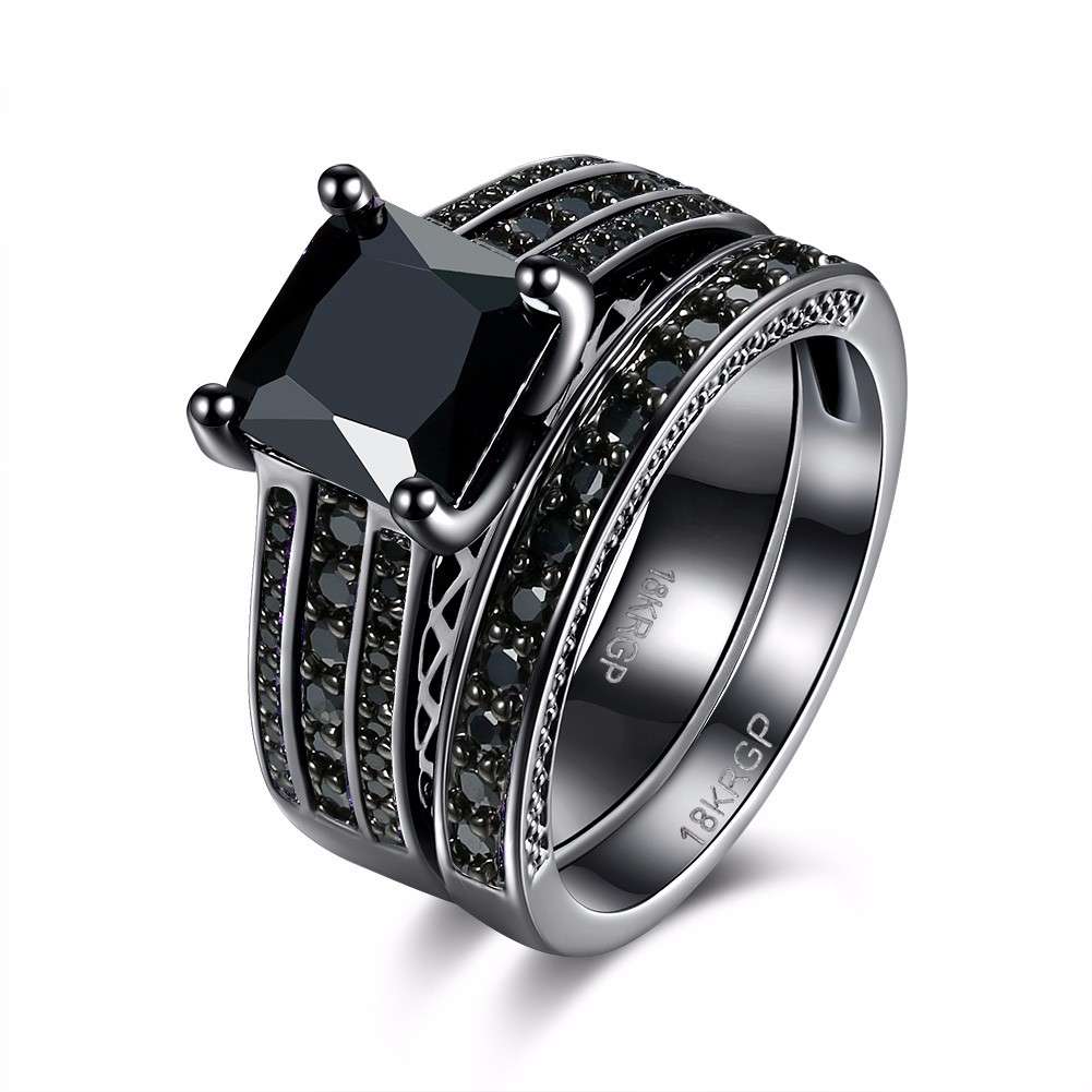 INALIS 2 Pcs Gun Black Plated Retro Zircon Full Rhinestone Ring Crystal Diamond Rings