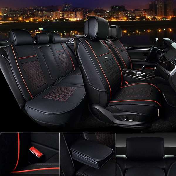 + 10pcs PU Leather Car Seat Cover 5 Seat Front and Rear Seat Cover Set Full Surround Needlework