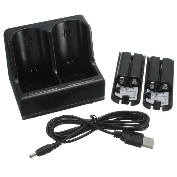 Black Dual Charge Charging Dock Station with Two Battery for Wii Remote Controller
