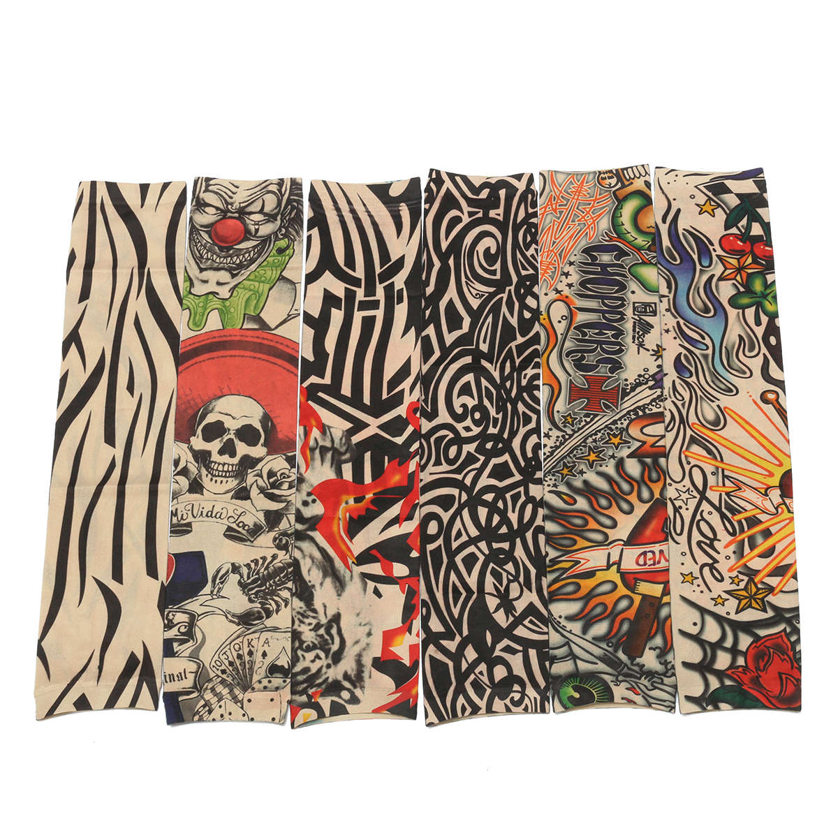 6Pcs Nylon Stretchy Fake Temporary Tattoo Sleeves Clown Skull Cycling Party Arm Stockings