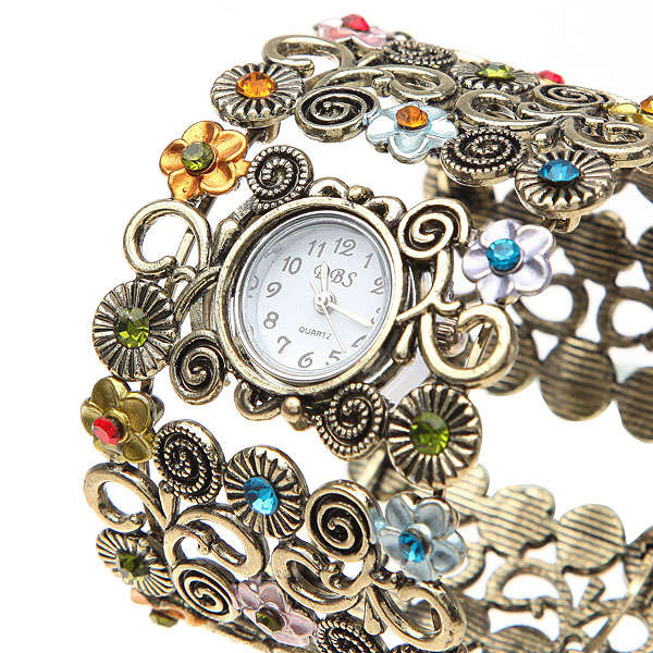 Vintage Hollow Flower Crystal Women Quartz Bangle Watch