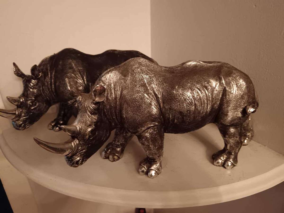 Pair of Silver Tone Rhino Statues