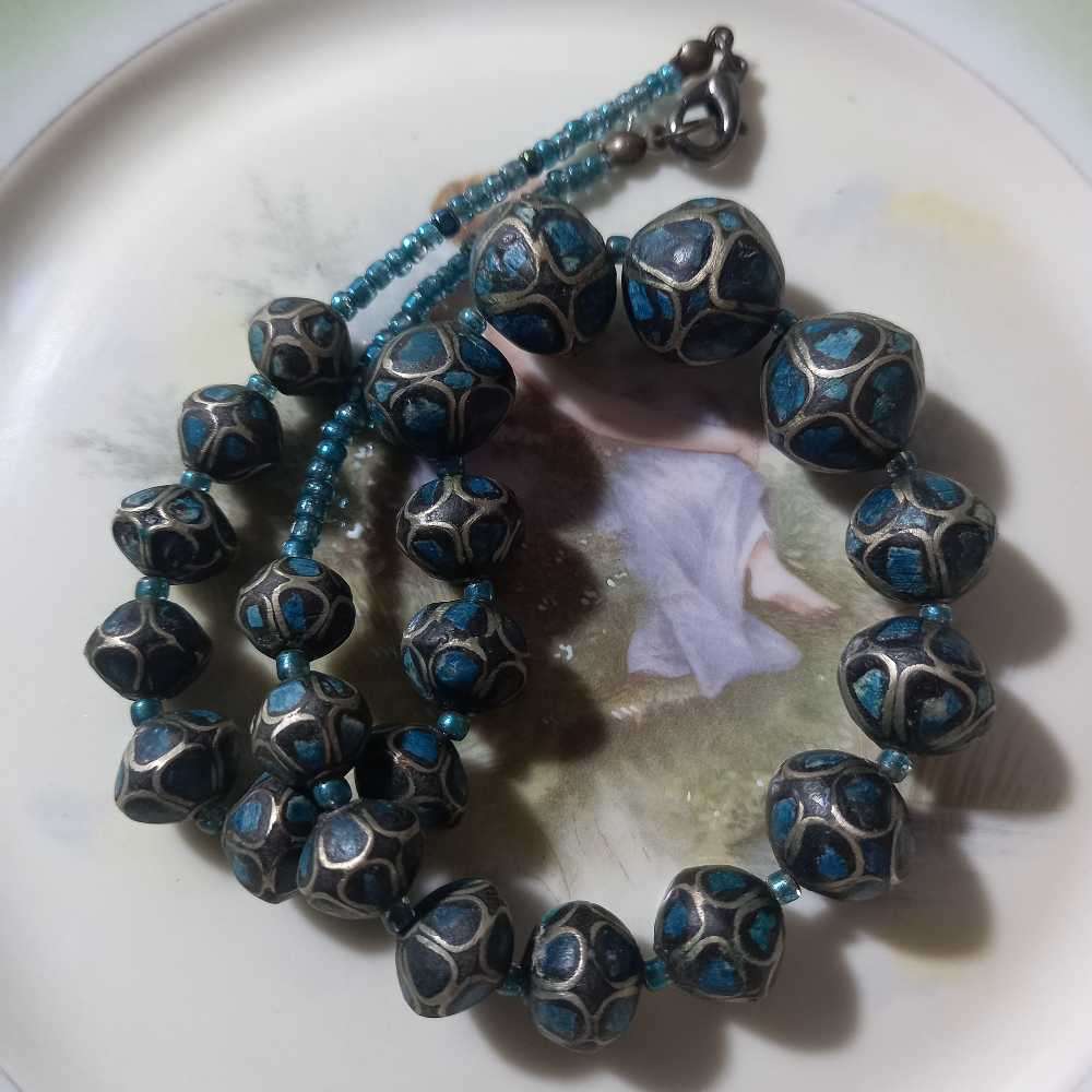 Vintage Stunning Indian Silver Mosaic Turquoise Beads Necklace