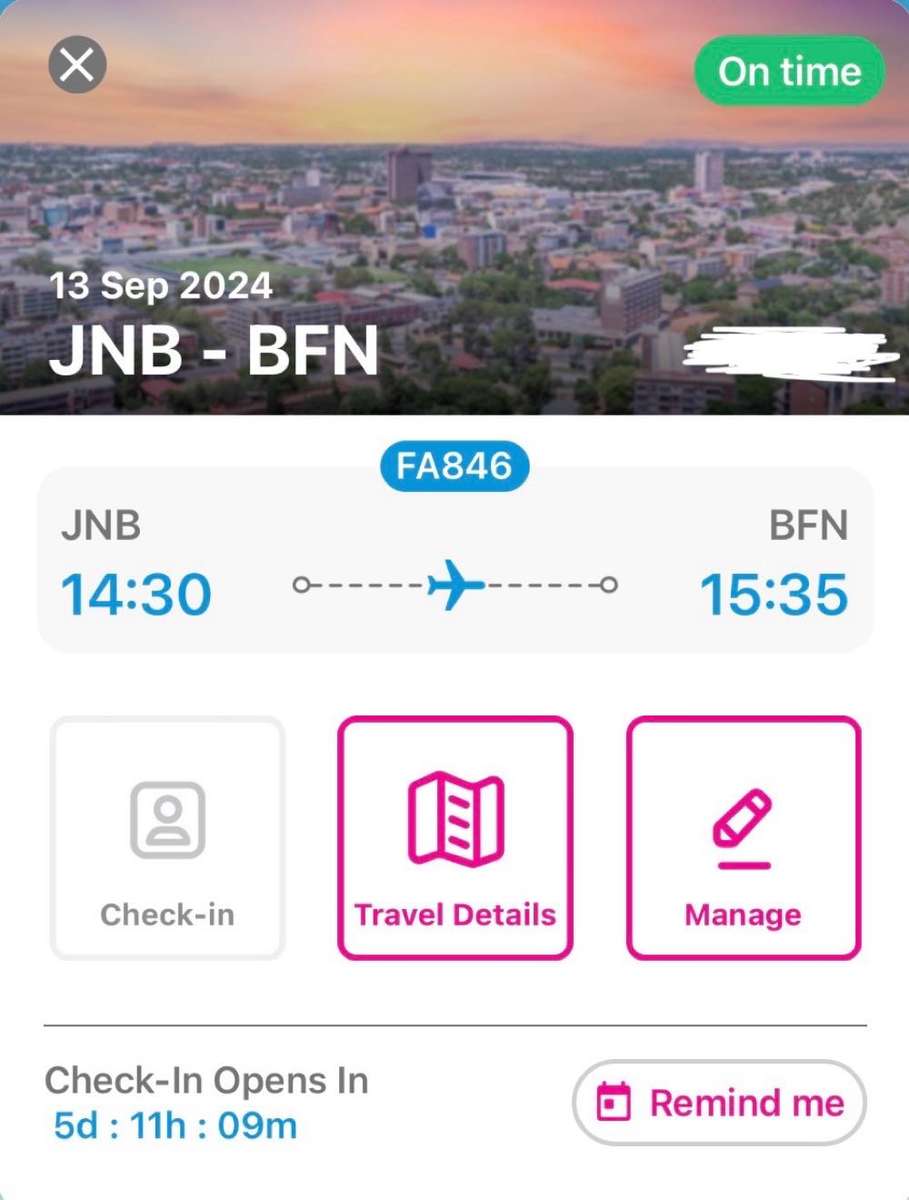 Return Flight Tickets from Johannesburg to Bloemfontein 13 September 2024 - 15 September 2024