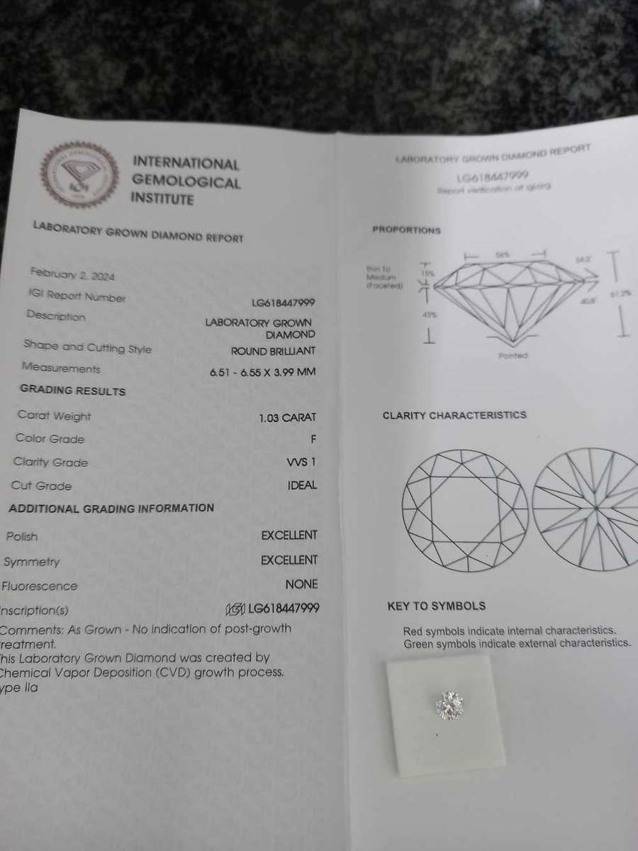 1.03ct Round cut Diamond F VVS1 3EX (CVD)