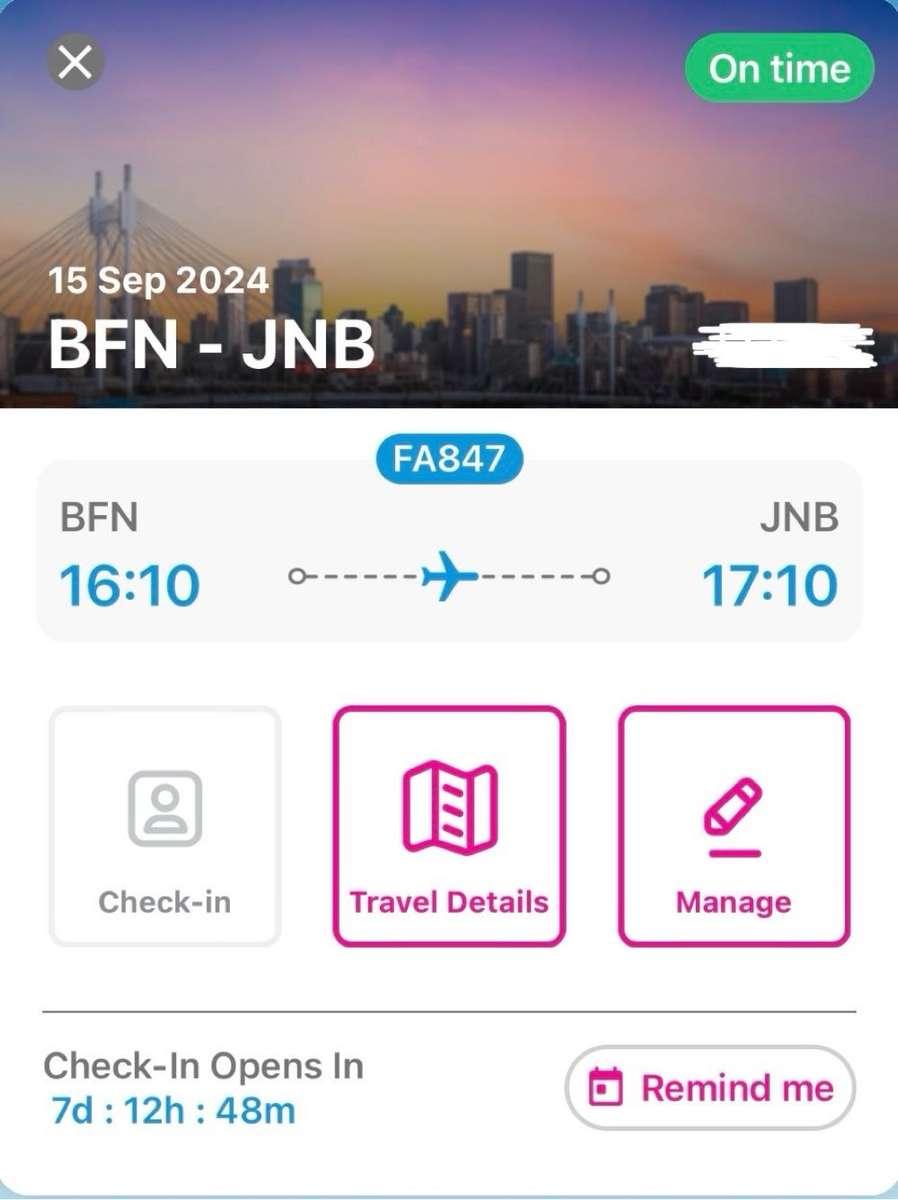 Return Flight Tickets from Johannesburg to Bloemfontein 13 September 2024 - 15 September 2024