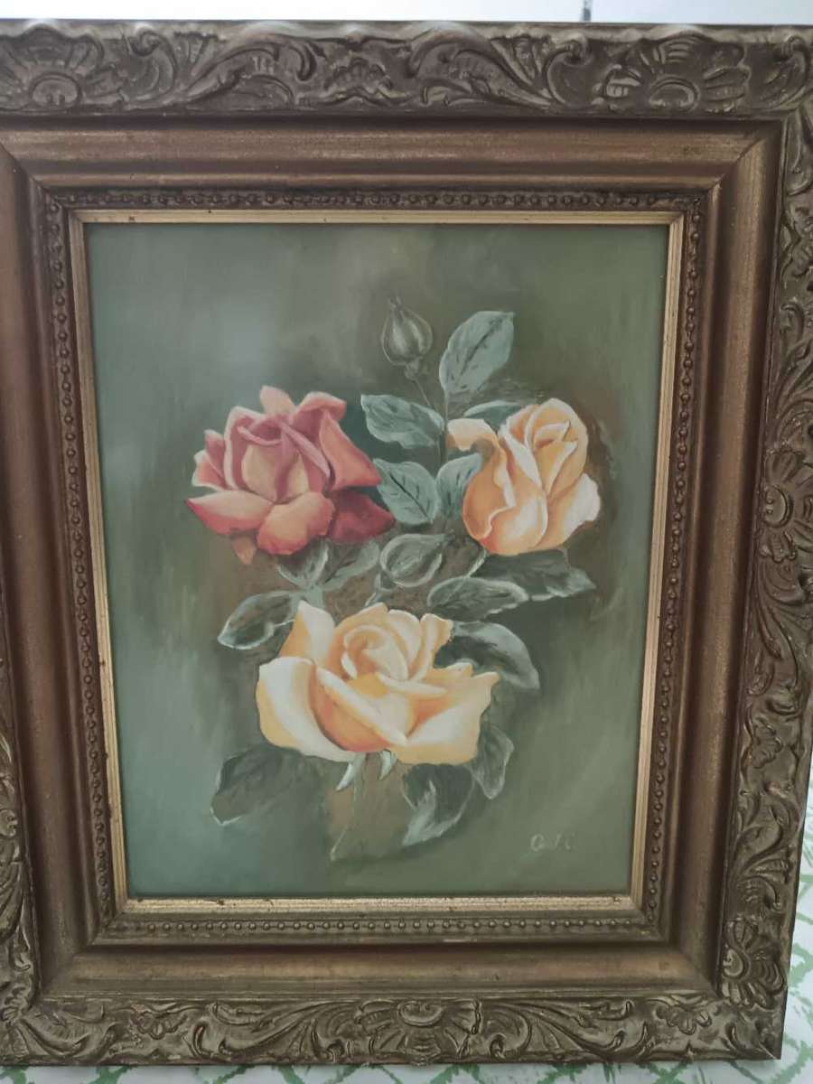 Framed Rose Painting signed GJC