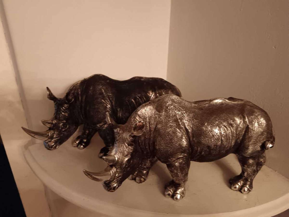 Pair of Silver Tone Rhino Statues