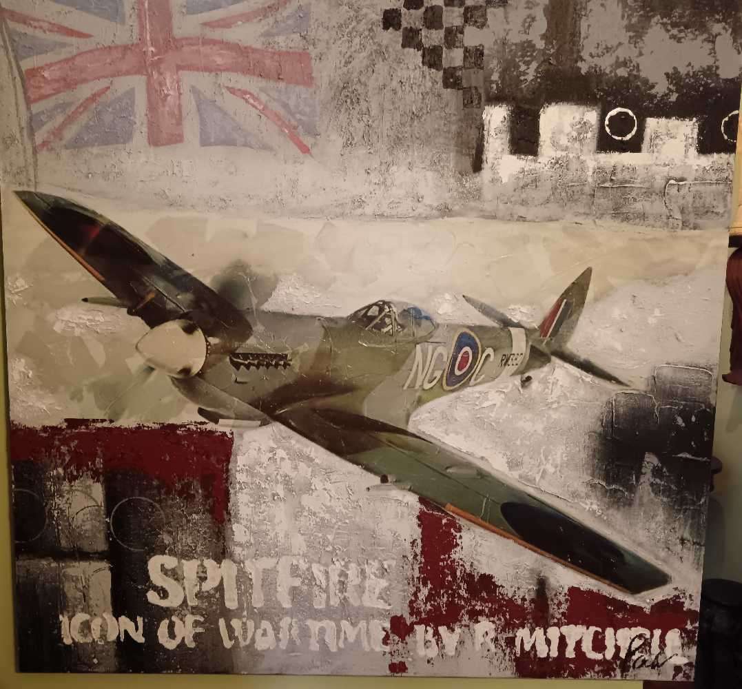Icon of War Spitfire Designed  by R Mitchell Canvas Painting signed by Unknown Artist