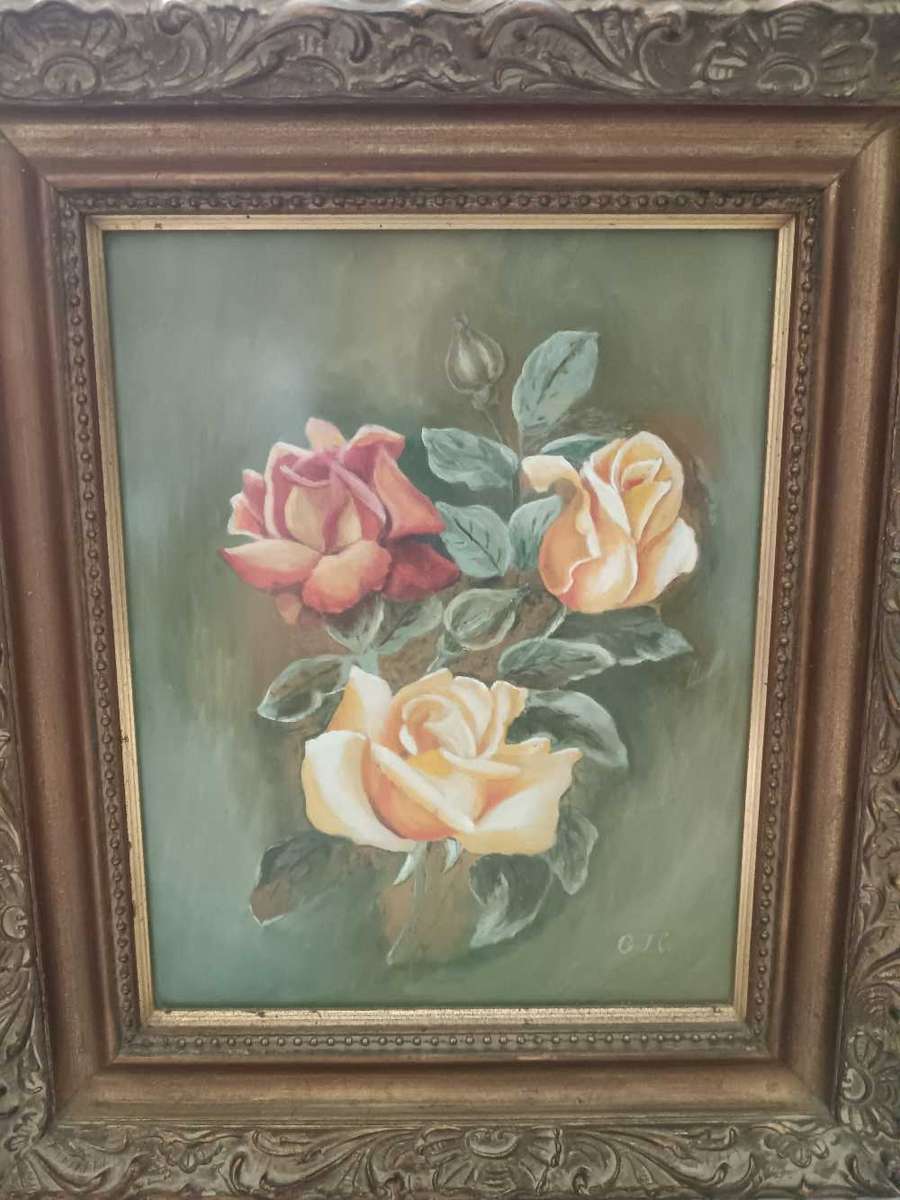 Framed Rose Painting signed GJC