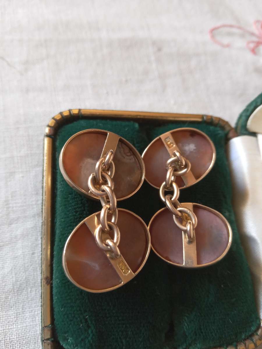 Vintage 9ct Gold And Natural Snowflake Obsidian gemstone Double Sided Cuff Links - (10.5g)