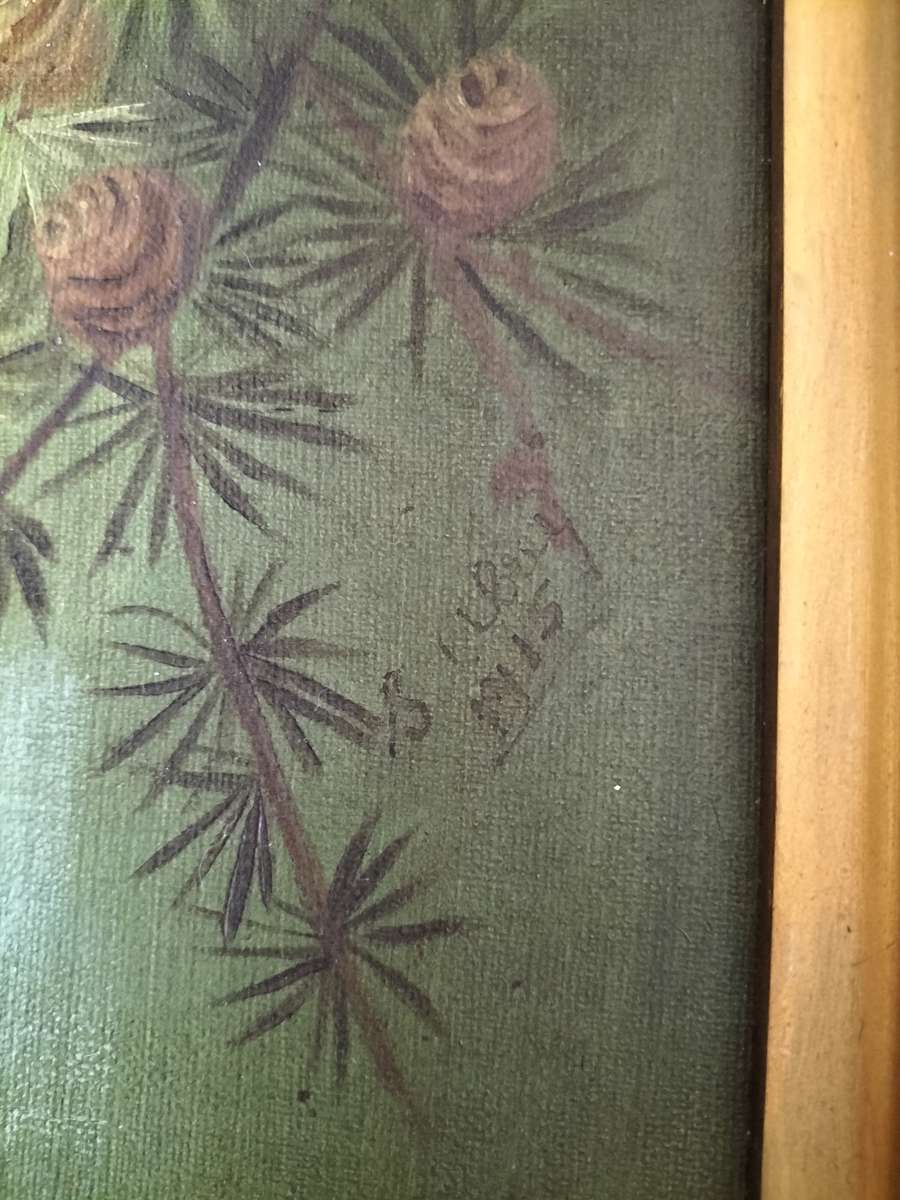 Antique Painting of Birds in a Fir Tree Artist signed dated 1915