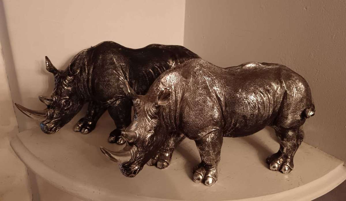 Pair of Silver Tone Rhino Statues