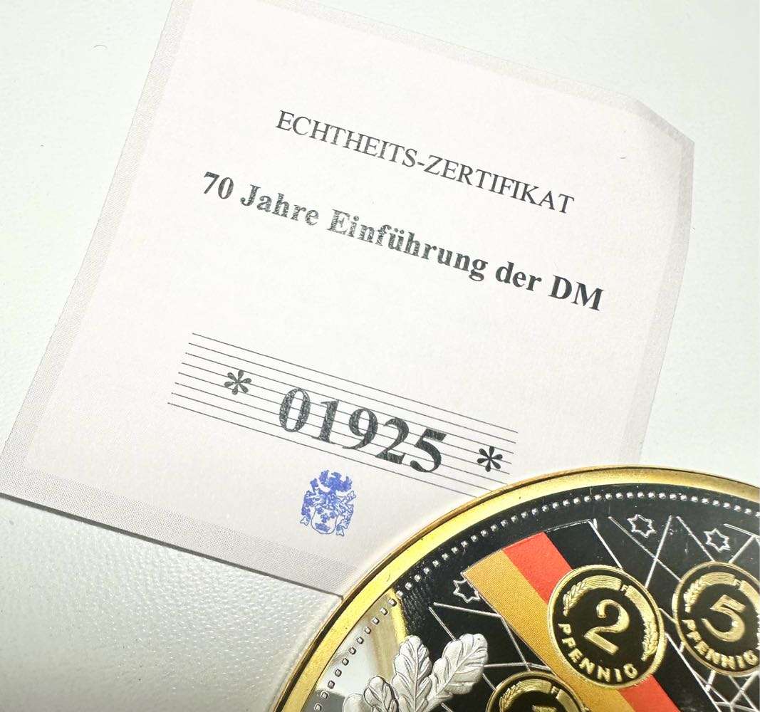 EXQUISITE 70MM TOP MEDAL - 70 YEAR OF THE INTRODUCTION OF THE D-MARK - WITH CERTIFICATE AND SEALED