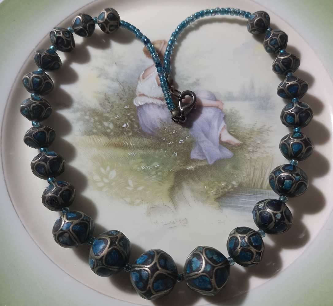 Vintage Stunning Indian Silver Mosaic Turquoise Beads Necklace