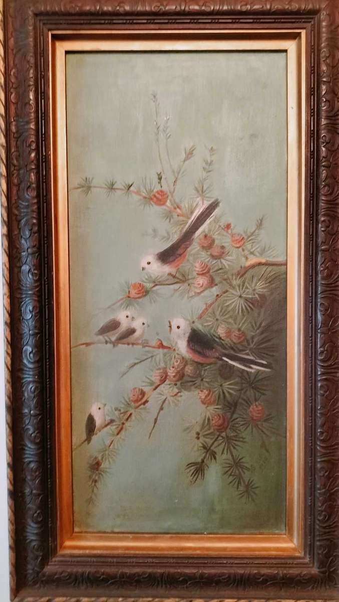 Antique Painting of Birds in a Fir Tree Artist signed dated 1915