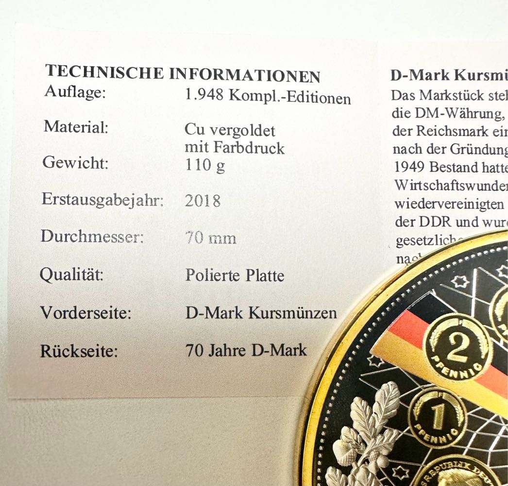 EXQUISITE 70MM TOP MEDAL - 70 YEAR OF THE INTRODUCTION OF THE D-MARK - WITH CERTIFICATE AND SEALED