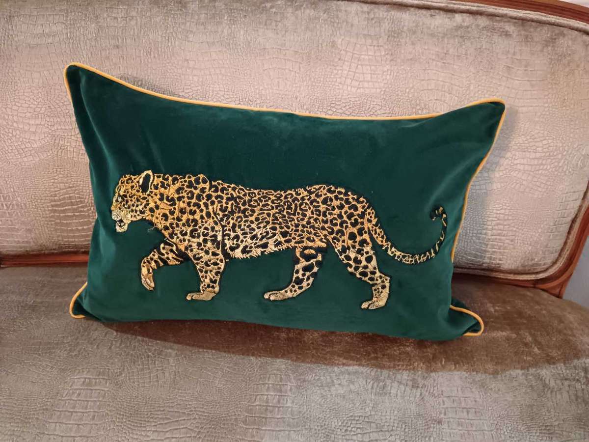 Beautiful Velvet Cushion Cover with Embroided Cheetah