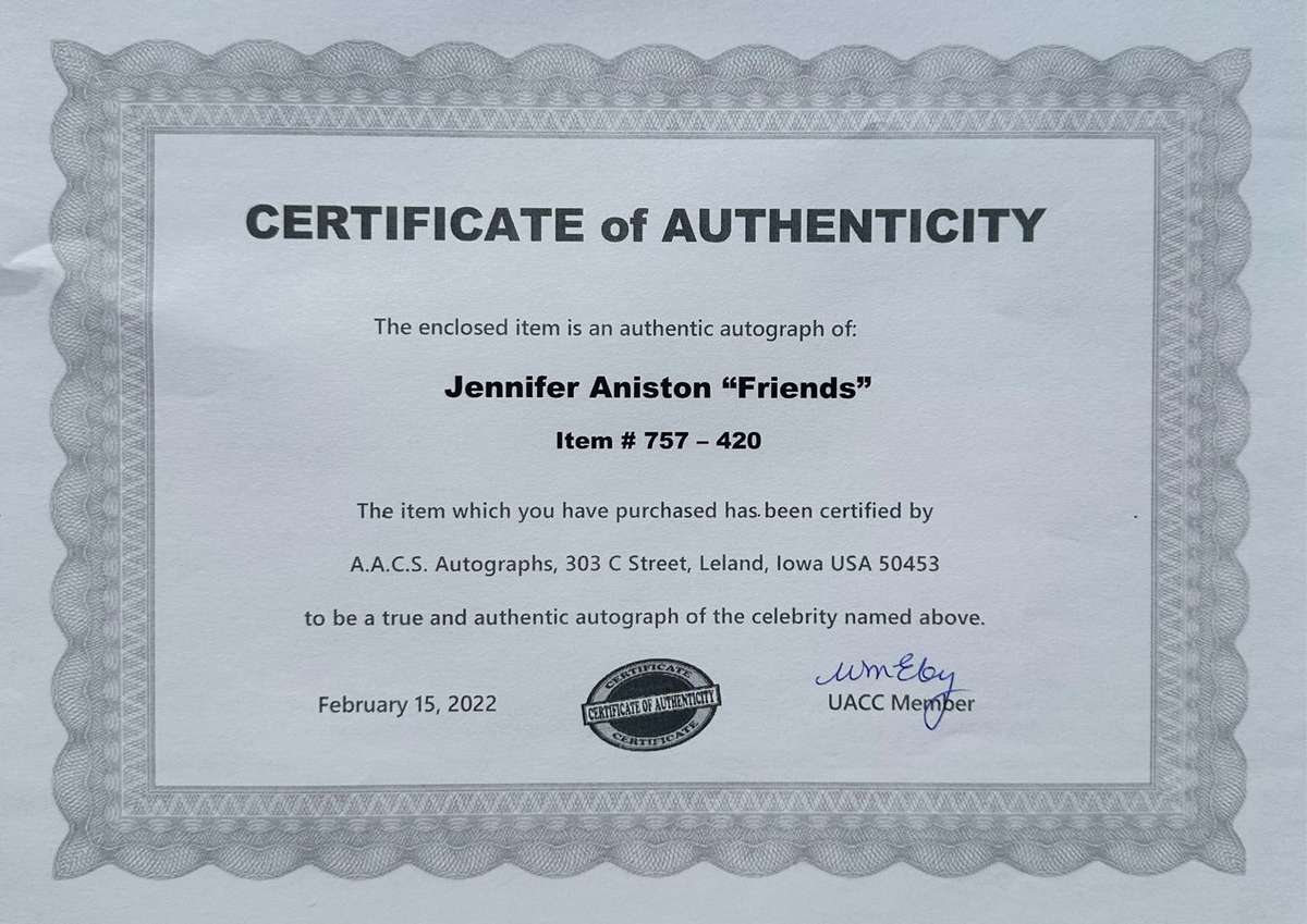 JENNIFER ANISTON -  AUTHENTIC AUTOGRAPH - 100% ORIGINAL - WITH COA
