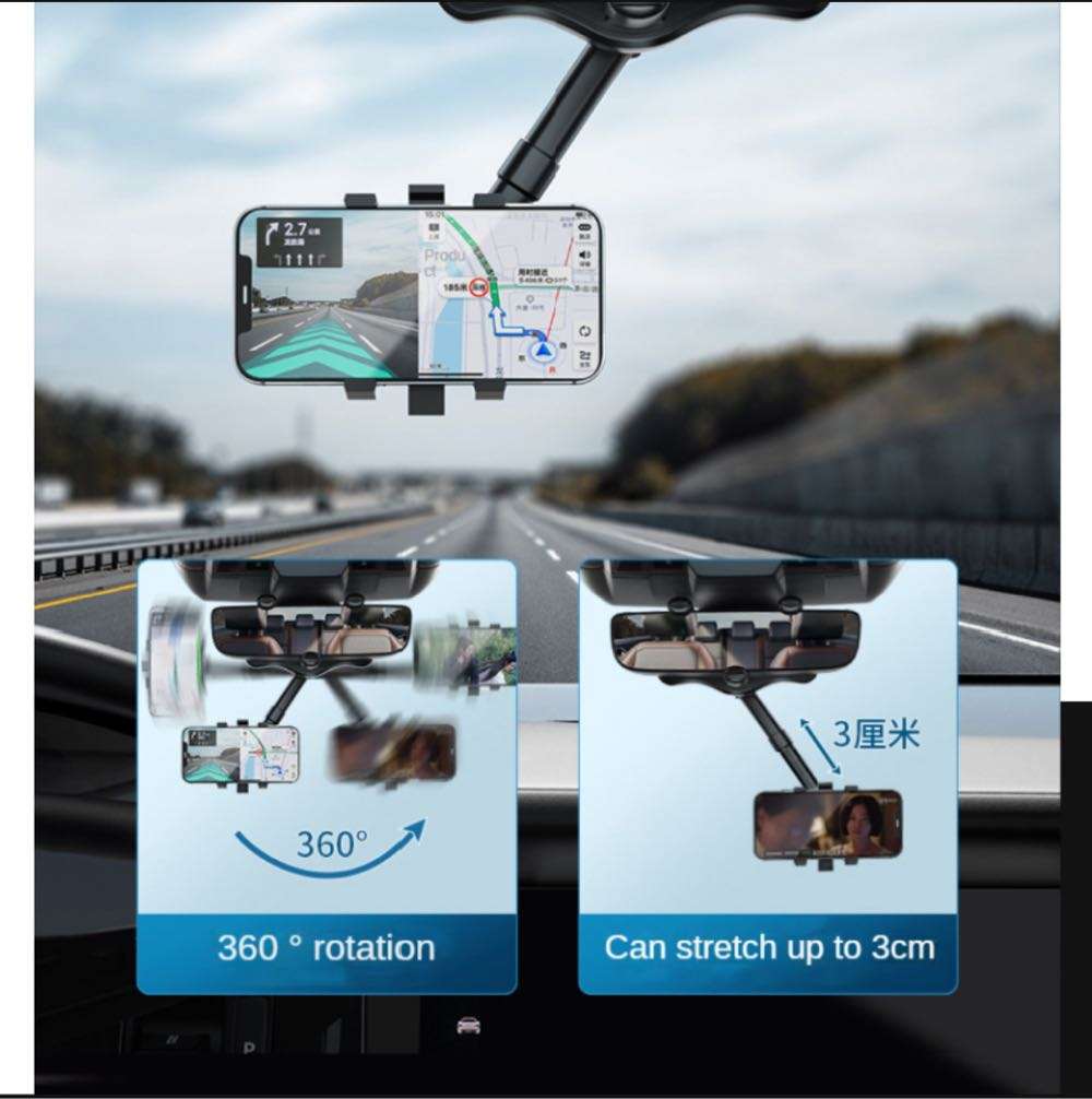 360 Degree Rotatable and Retractable Car Phone Rear View Mirror Holder