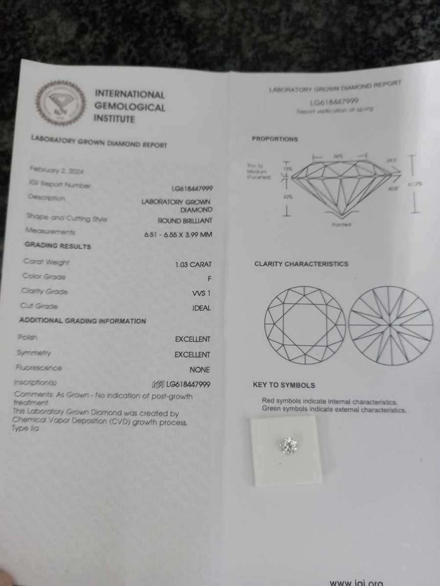 1.03ct Round cut Diamond F VVS1 3EX (CVD)
