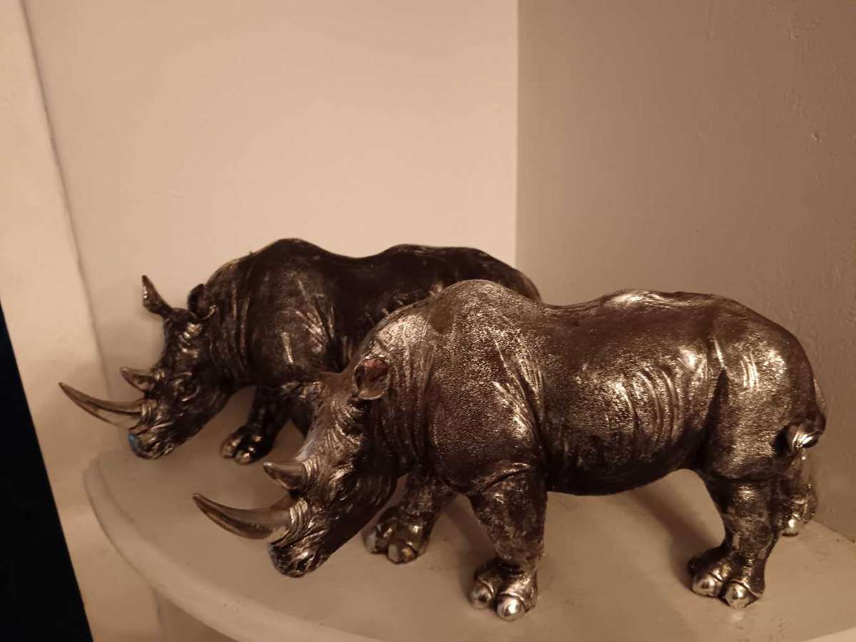 Pair of Silver Tone Rhino Statues