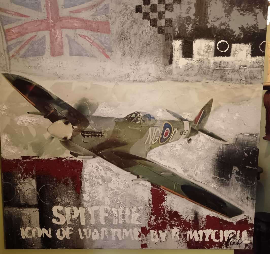 Icon of War Spitfire Designed  by R Mitchell Canvas Painting signed by Unknown Artist