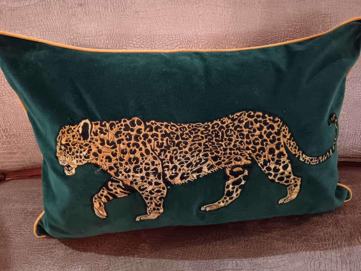 Beautiful Velvet Cushion Cover with Embroided Cheetah