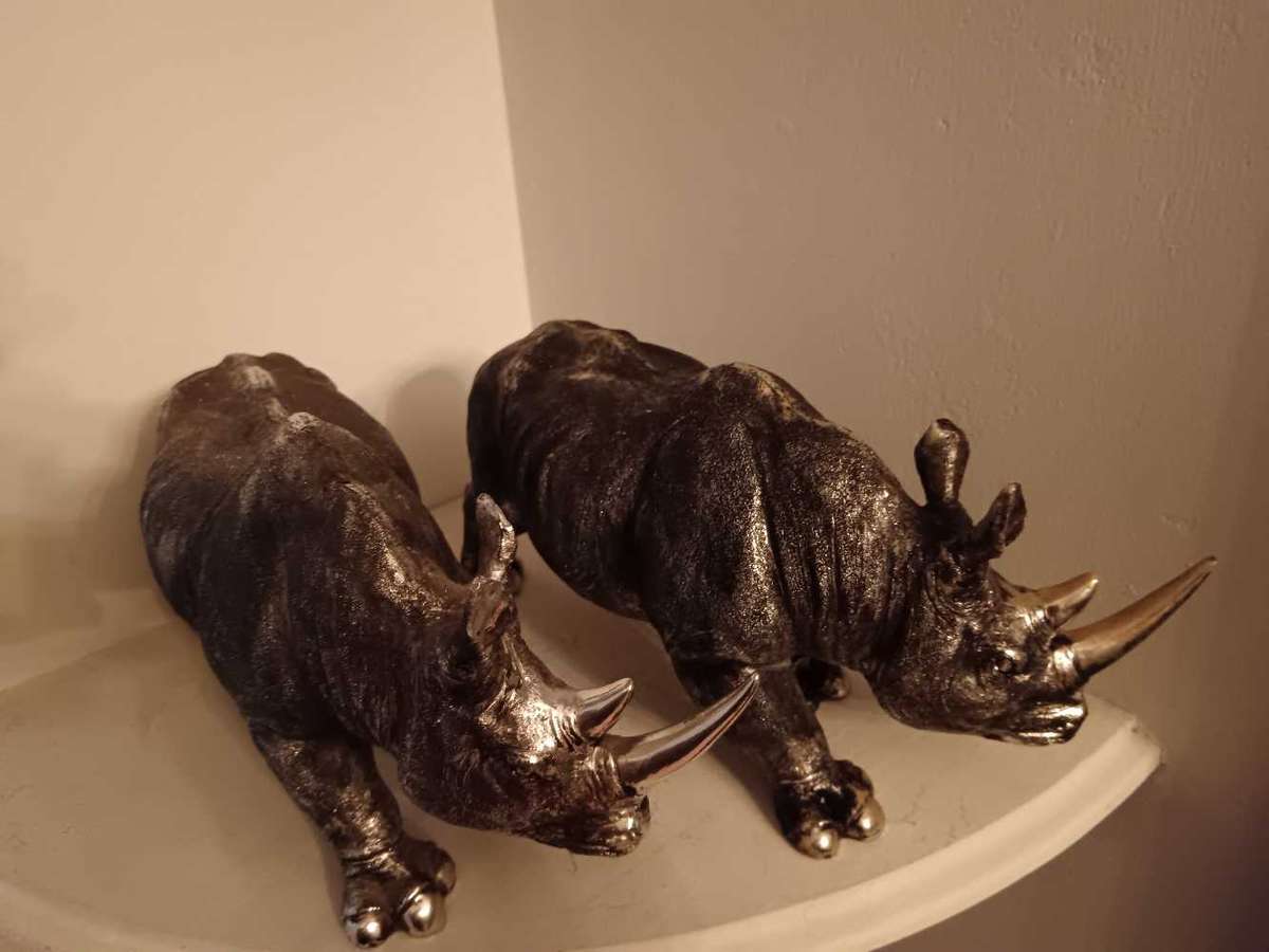 Pair of Silver Tone Rhino Statues