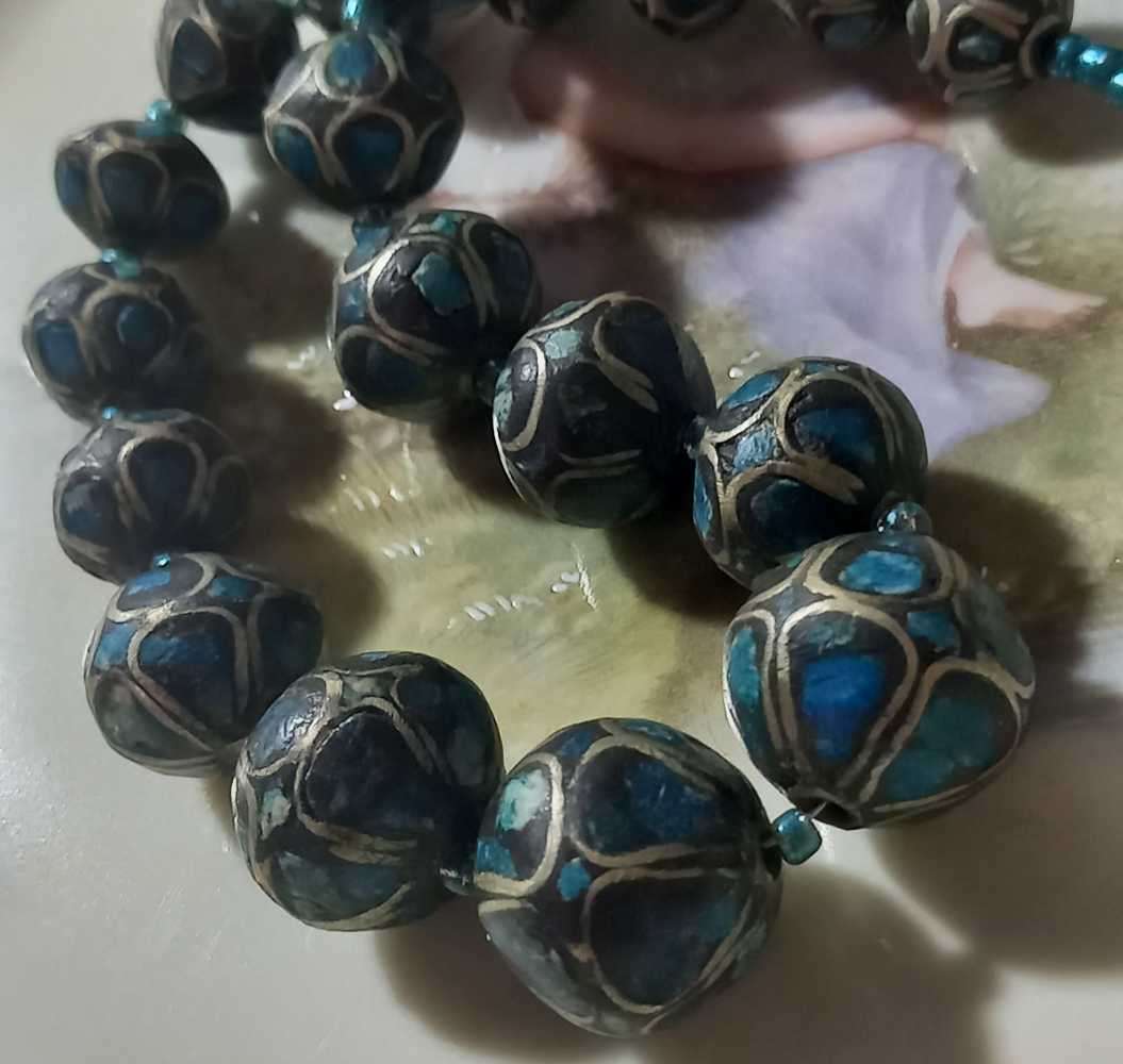 Vintage Stunning Indian Silver Mosaic Turquoise Beads Necklace