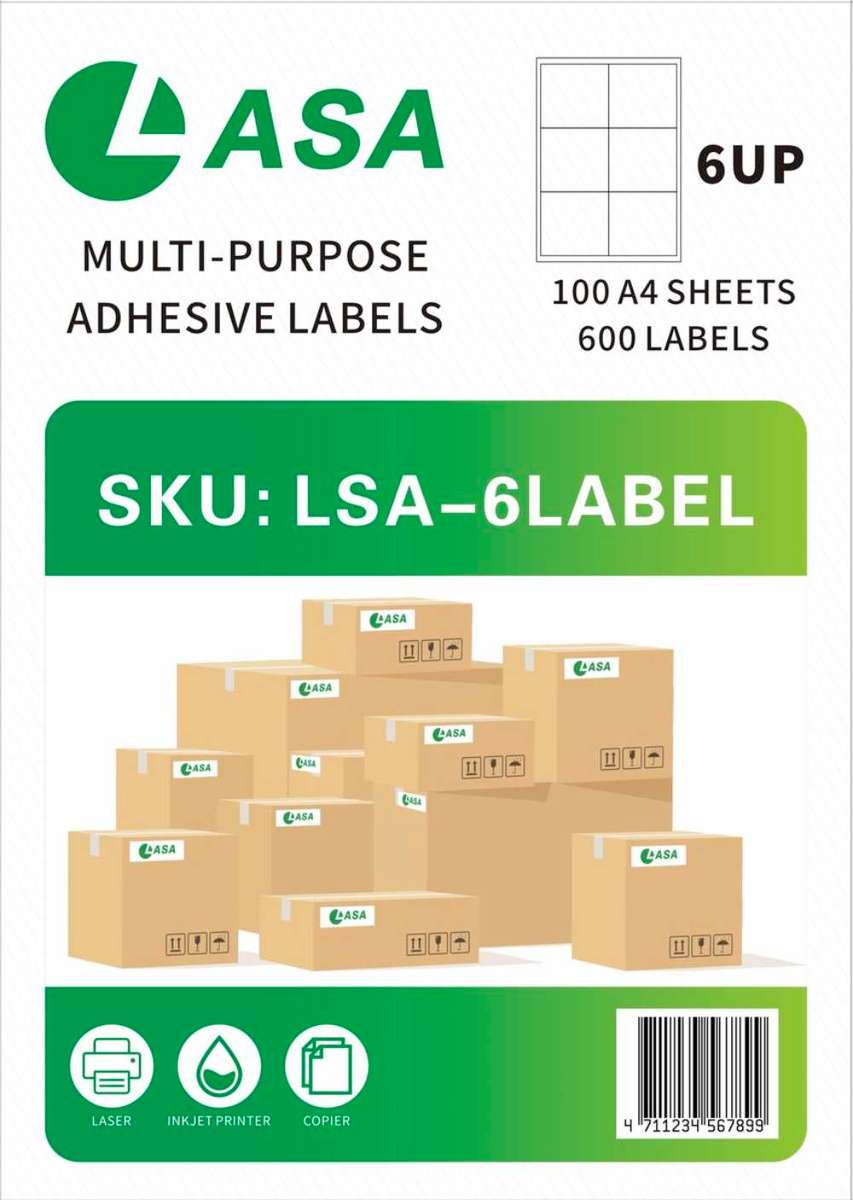 6 UP 100 A4 Sheets Barcode Adhesive Label