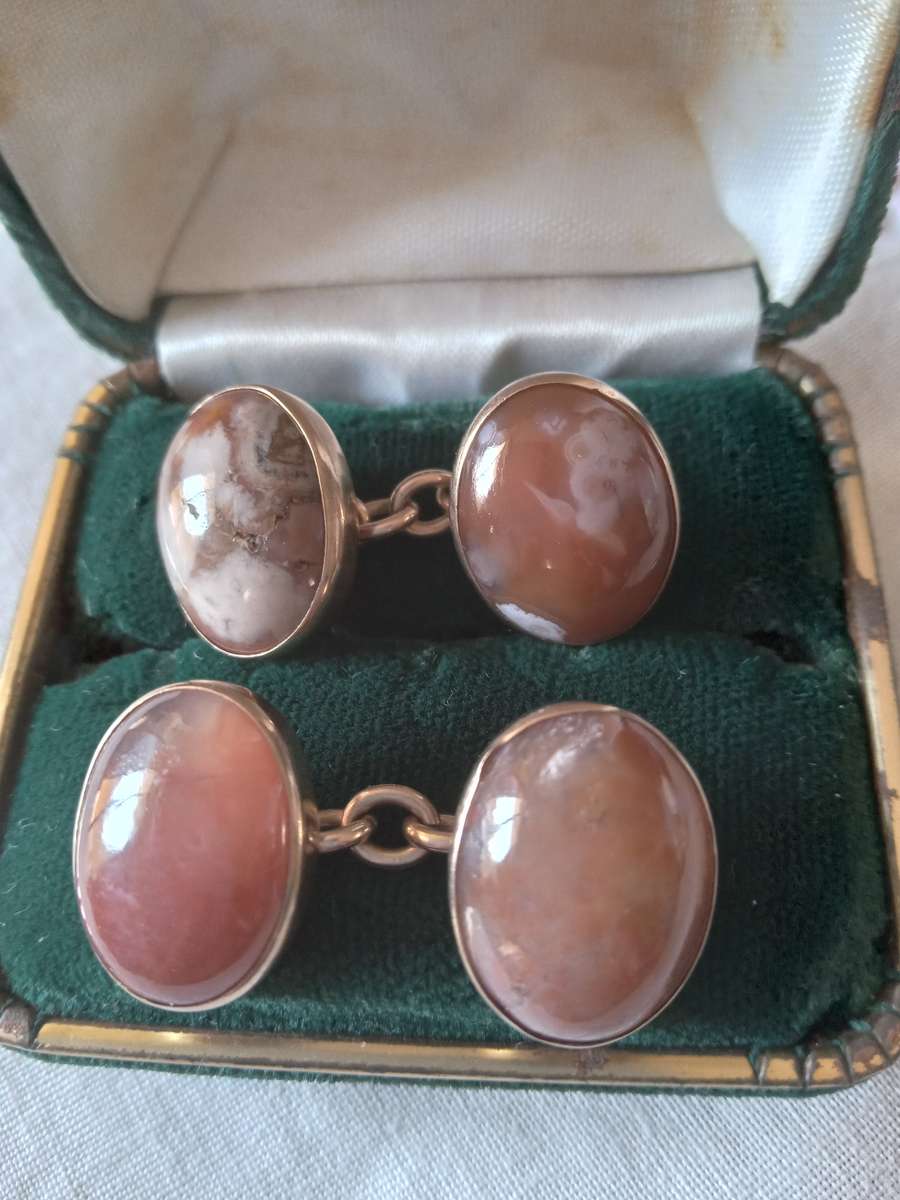 Vintage 9ct Gold And Natural Snowflake Obsidian gemstone Double Sided Cuff Links - (10.5g)