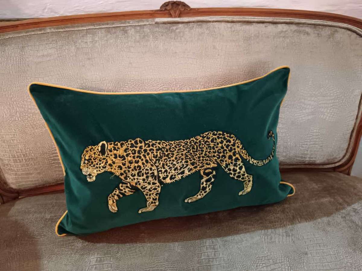 Beautiful Velvet Cushion Cover with Embroided Cheetah