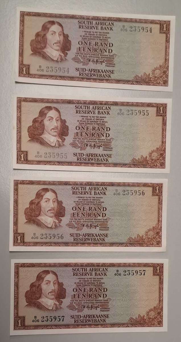 1975 Consecutive Run 4 x One Rands TW de Jongh B/206 235954-7