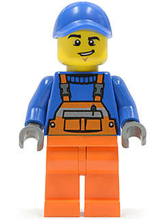 Overalls with Safety Stripe Orange, Orange Legs, Blue Cap with Hole - Original Lego Minifigures