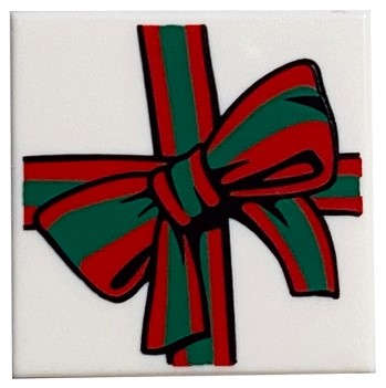 Lego (U) ~ Tile 2 x 2 with Red and Green Ribbon with Bow Pattern (BAM) ~ [White]