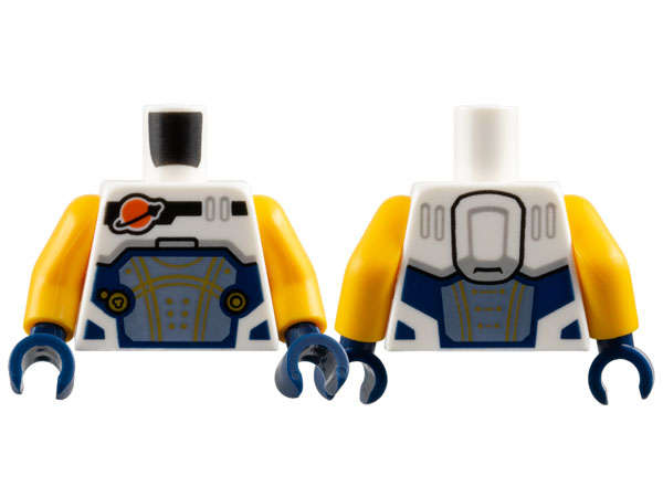 Lego NEW - Torso Reddish Orange and Black Classic Space Logo Sand Blue Panel with Gold Lin~ [White]