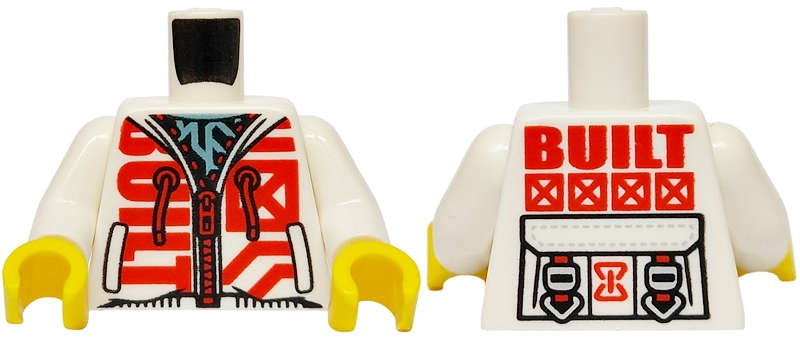 Lego (N) ~ Torso Hoodie with Red Zipper Drawstrings and 'BUILT' Metallic Light Blue Shirt  ~ [White]