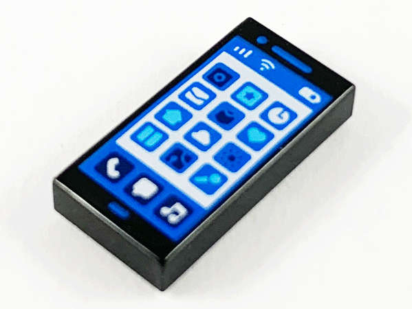 Lego (N) ~ Tile 1 x 2 with Blue and White Cell Phone / Smartphone Screen and App Icons Pat ~ [Black]